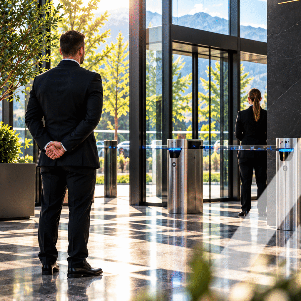 Moderne Lobby mit Bergblick und Drehkreuzen1